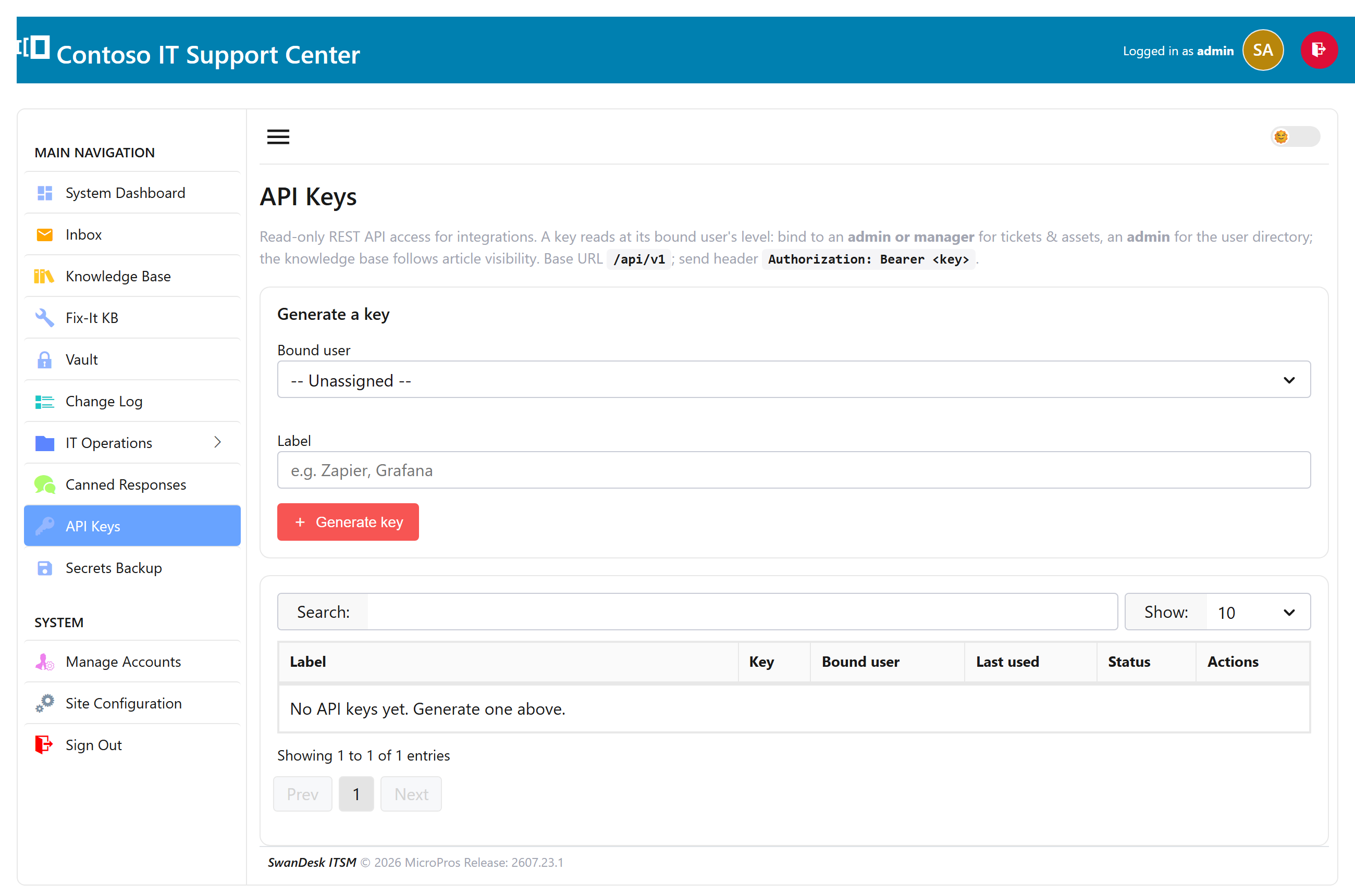 The API Keys screen for generating REST API tokens bound to a user