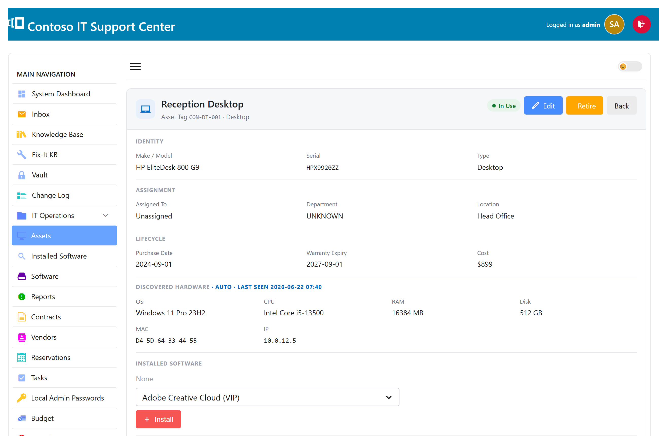 A SwanDesk asset spec sheet with identity, assignment, lifecycle, discovered hardware, and installed software
