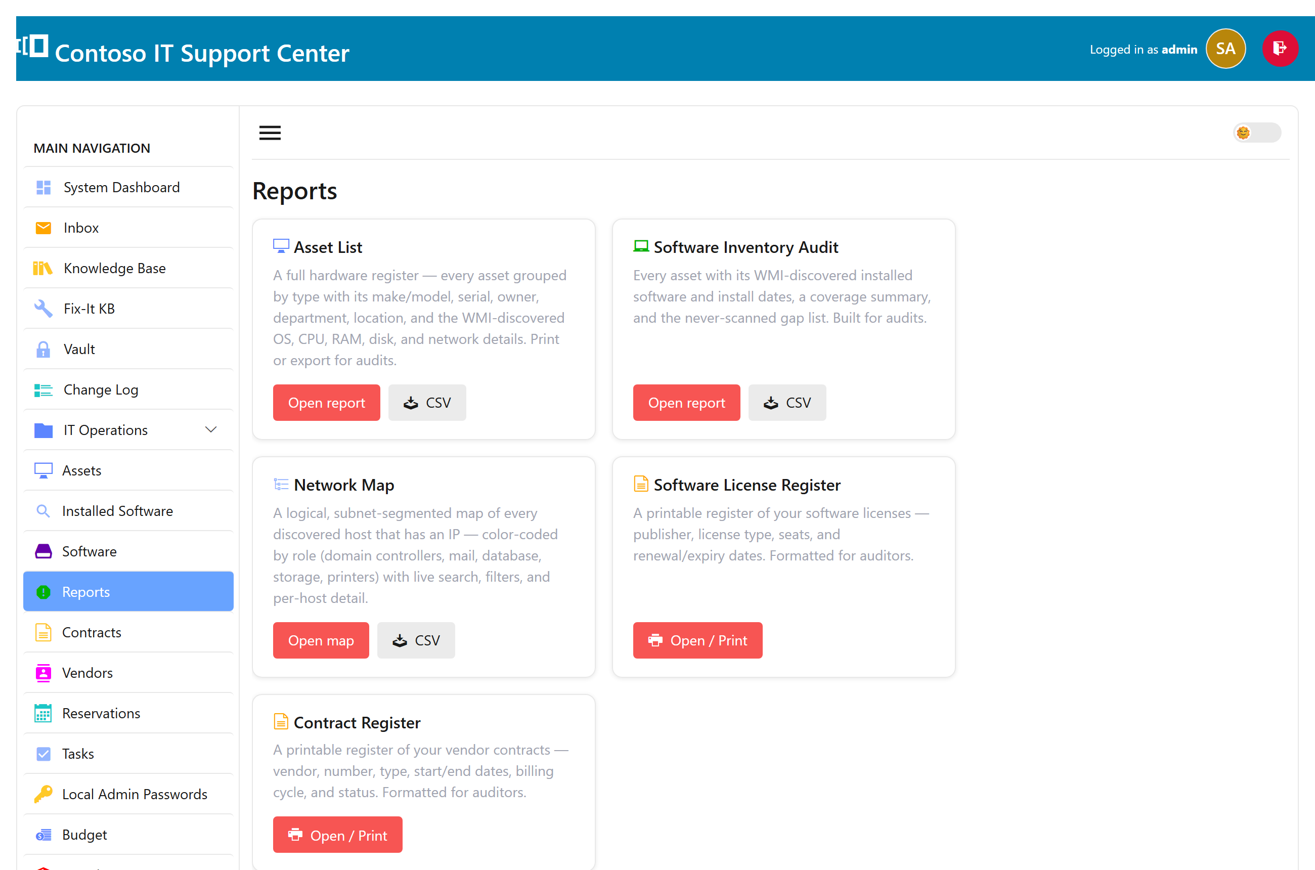 The SwanDesk Reports hub with the software audit, network map, and license and contract registers