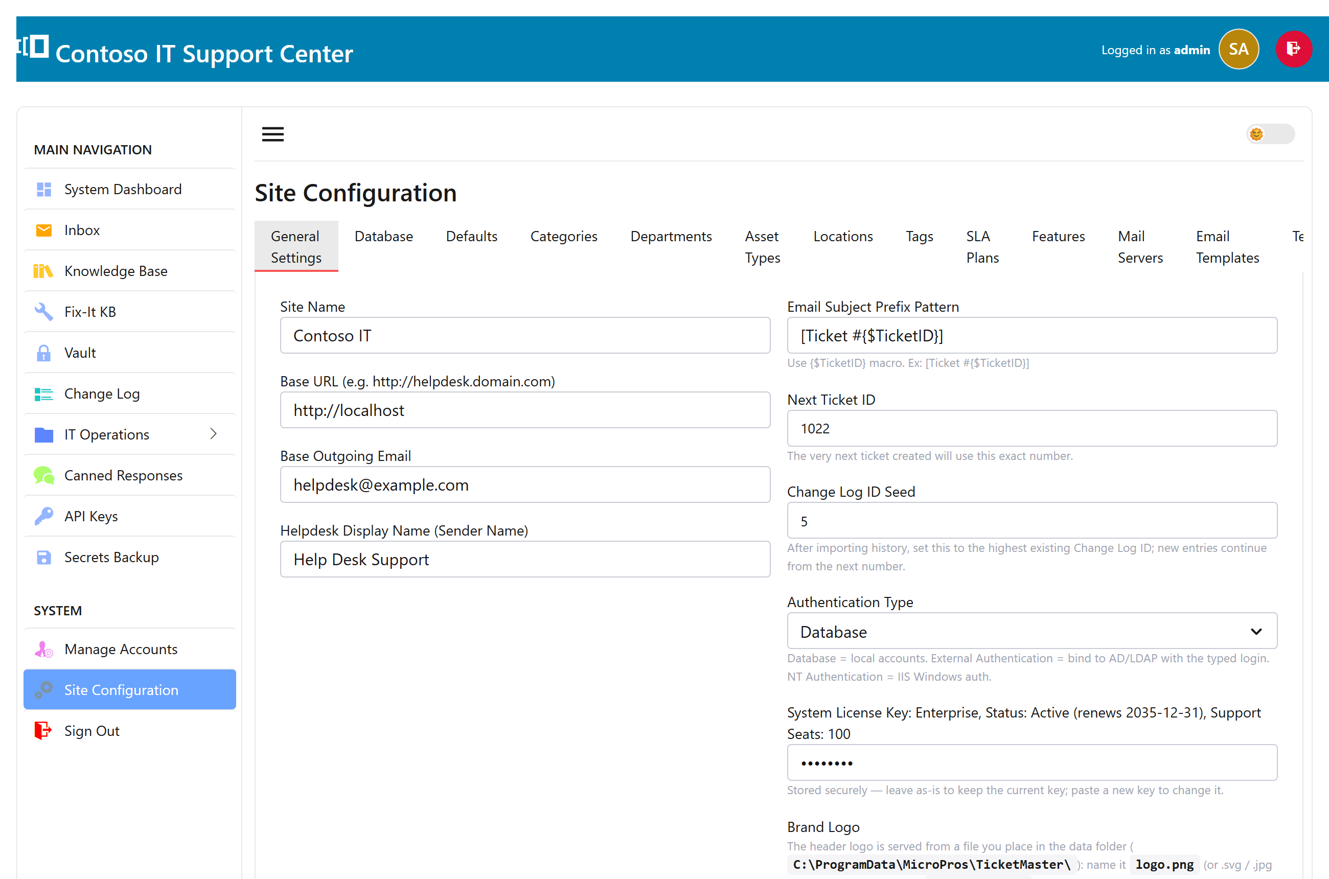 The SwanDesk Site Configuration settings screen
