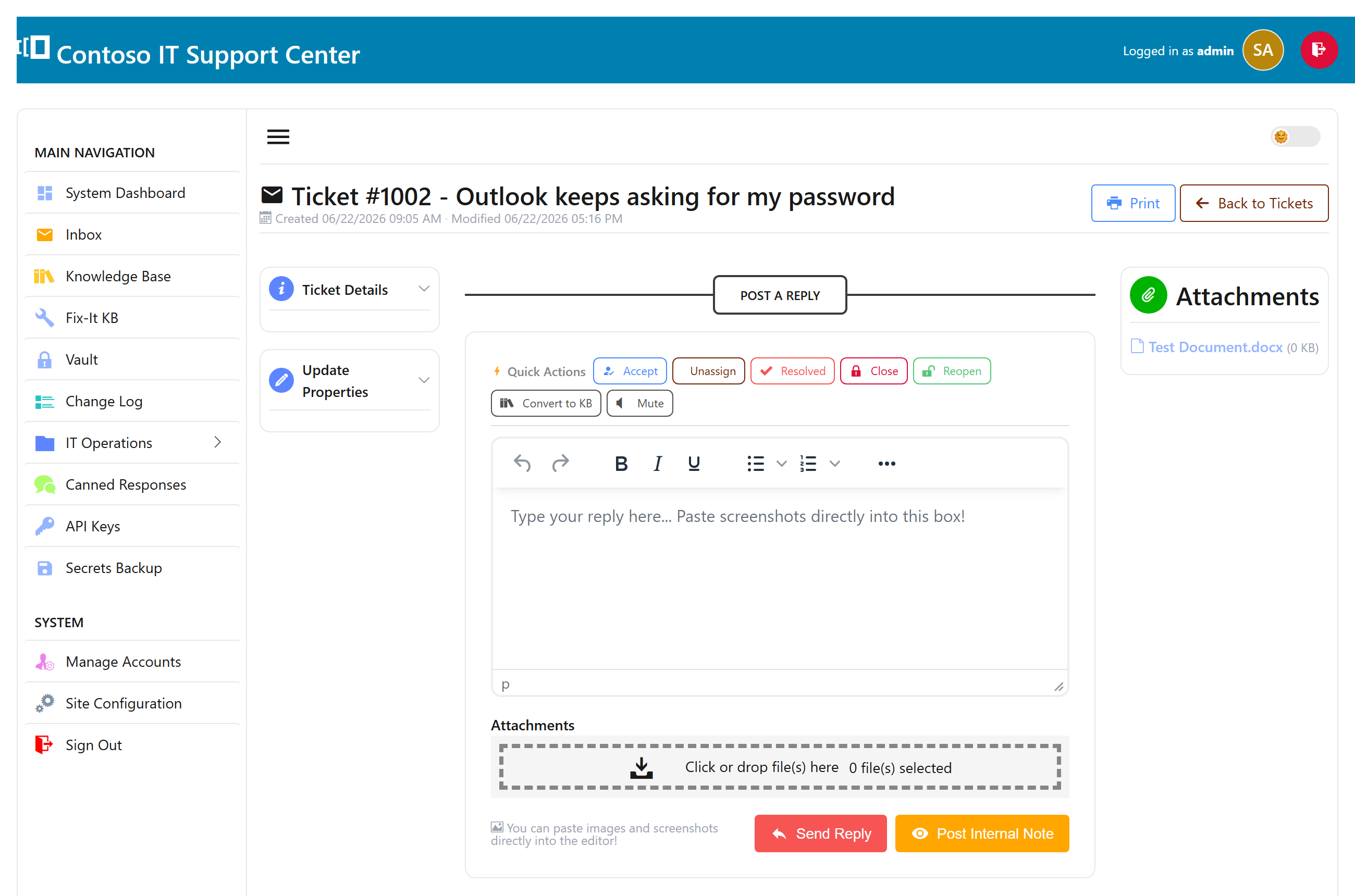 A SwanDesk ticket with the conversation thread, reply box, quick actions, collaborators, and related assets