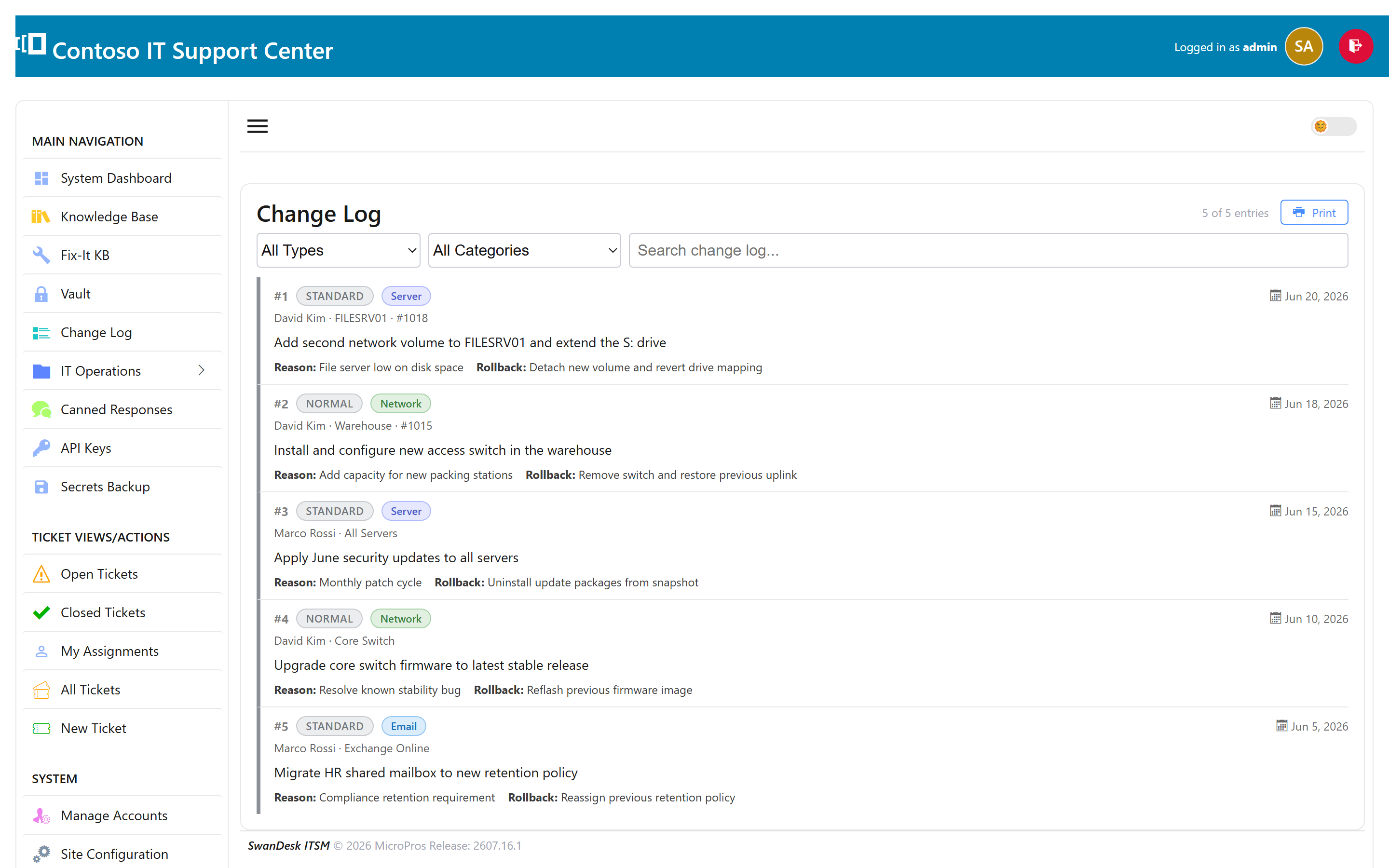Change management log